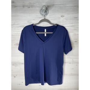 Fabletics Shirt Womens Small Navy Blue V-Neck Short Sleeve‎ Performance Stretch